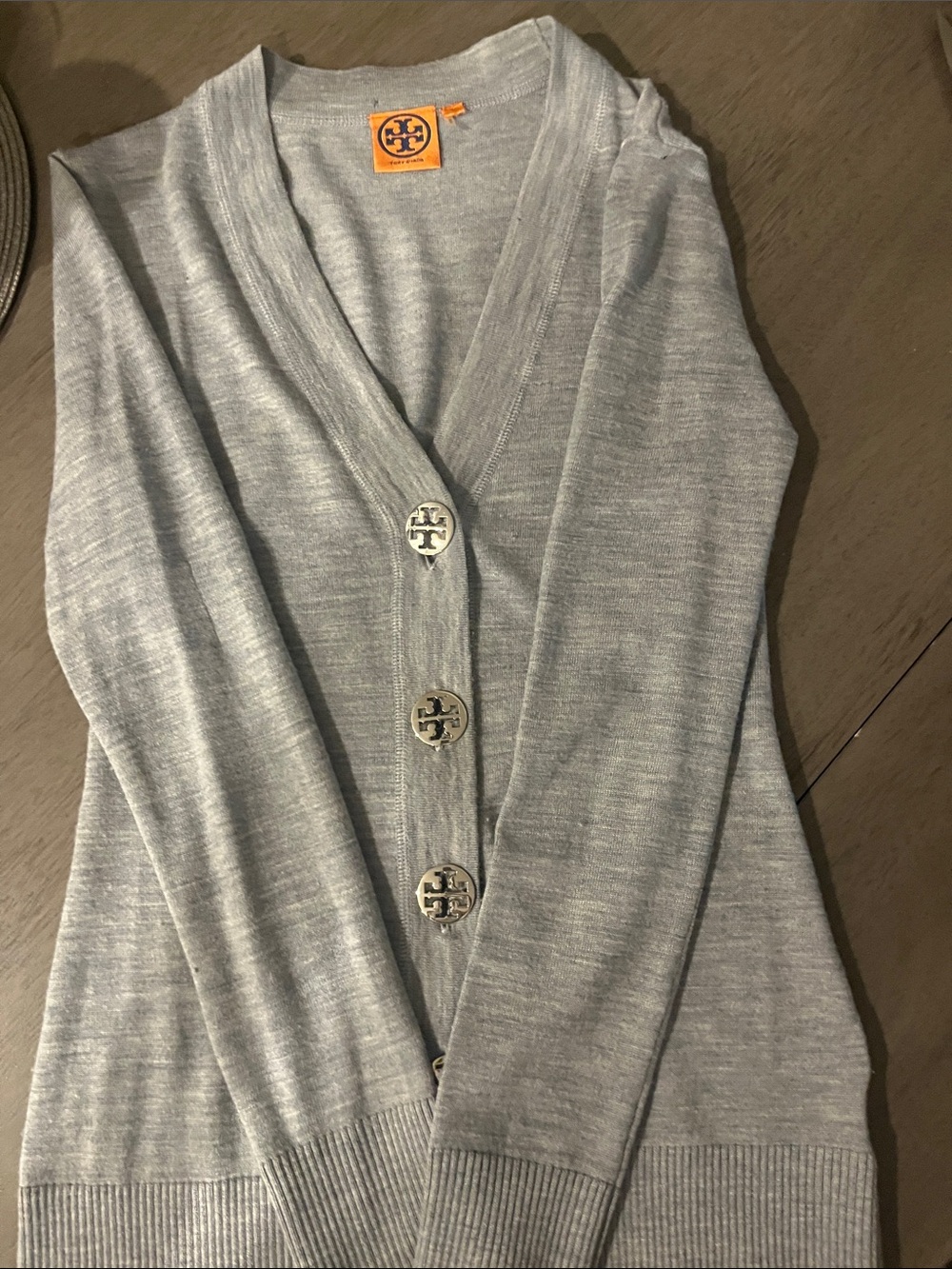 Tory Burch Heather Gray V-Neck Logo Button Cardigan